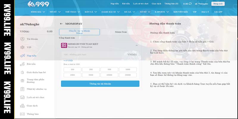 Hướng dẫn nạp tiền KV99 bằng ví điện tử Momo