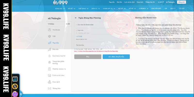 Hướng dẫn nạp tiền KV99 qua thanh toán online