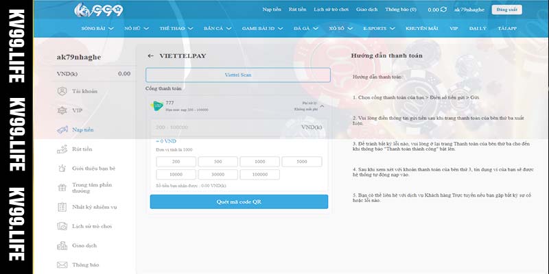 Nạp tiền dễ dàng cùng KV99 thông qua Viettel Pay